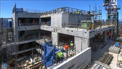Time-lapse camera mounted securely on scaffolding