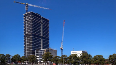 Multi-camera time-lapse sequence of a tower crane dismantling in Sydney