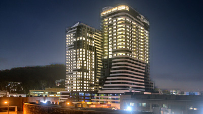 Completed Gosford high-rise buildings illuminated at night