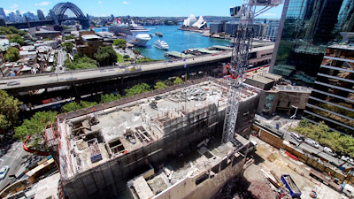 Sydney construction site with the Harbour Bridge and Opera House in the background