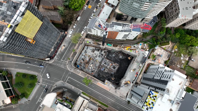 Aerial view of a CBD high-rise construction site excavation