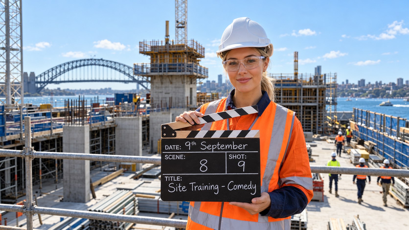 Blonde woman in full safety gear holding a neatly written clapperboard at a sunny Sydney Harbour construction site