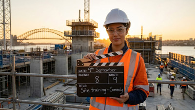 Woman in safety gear holding a film clapper board on a building site at sunset.