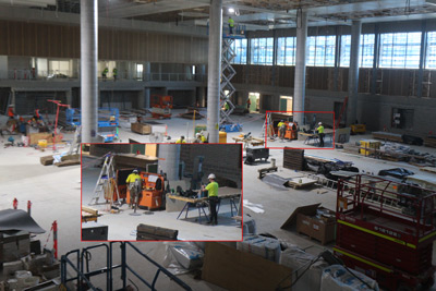 Work site with close-up of a worker suspected of thieving.