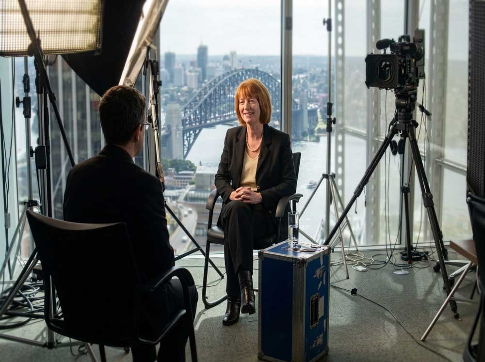 Julia Gillard being interviewed with a TV crew in Sydney.